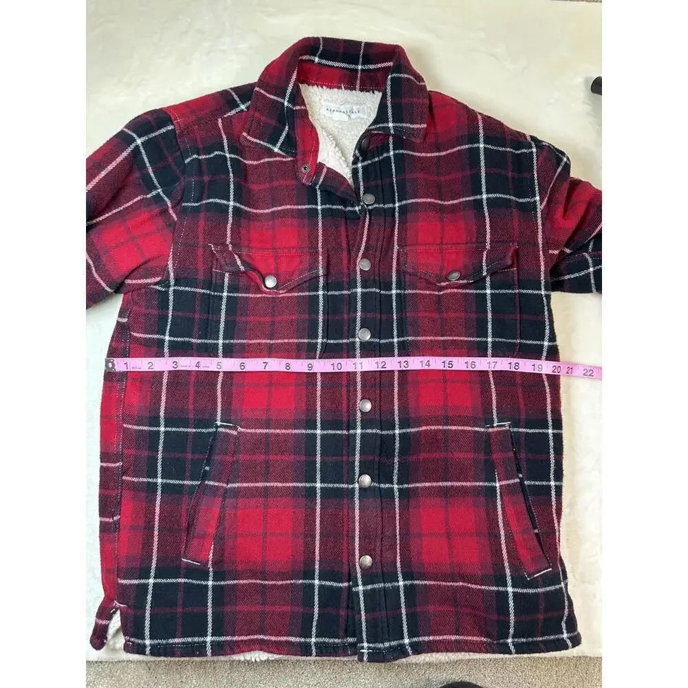 Men’s S Red Plaid Sherpa Lined Flannel Jacket Button Up Winter Workwear